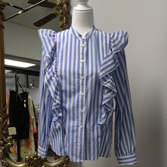 Ruffled strip long sleeve button down top - Picture 4 of 8